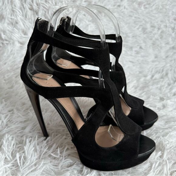 Alexander McQueen Black Suede Strappy Platform Sandals with Horn Heel Size 37.5 - Picture 1 of 11